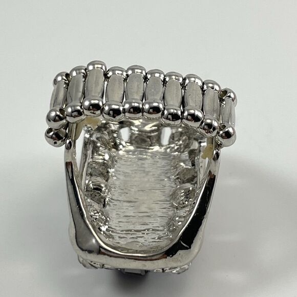 Silver Tone Stretch Band Ring Purple Radiant Cut Glass Cocktail Halo Statement - Picture 4 of 6